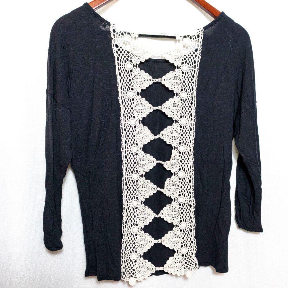 Eyeshadow Womens Black Crochet Lace Back Top Boho Sheer 3/4 Sleeve L